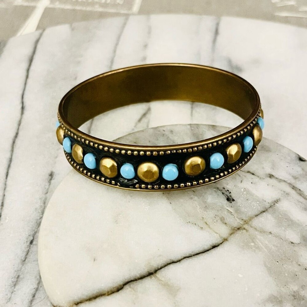 Vintage 1970s Studded Brass Bangle Bracelet‎ | Blue Accent | Boho Eclectic